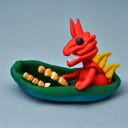 Image similar to polymer clay dragons in a canoe, eating pizza, claymation