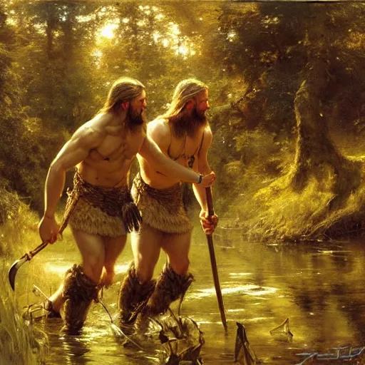 Image similar to 2 attractive male vikings frolicking in the forest. highly detailed painting by gaston bussiere, craig mullins, j. c. leyendecker, 8 k