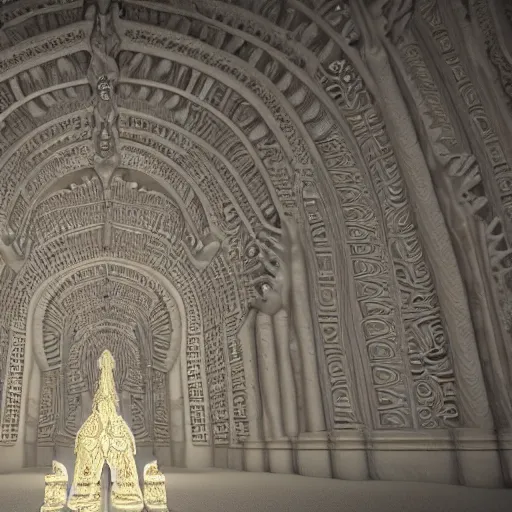 Prompt: cinematic unreal engine render of a massive mandelbrot fractal cathedral interior carved out of ivory and populated entirely by mandelbrot fractals, carved ivory, carved soap, carved stone, white color scheme, opalescent, hyperrealistic, octane render, catholicpunk, angelic, fractals, photorealism