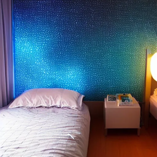 Image similar to calm photo of a futuristic otaku bedroom, bokeh + calm lighting