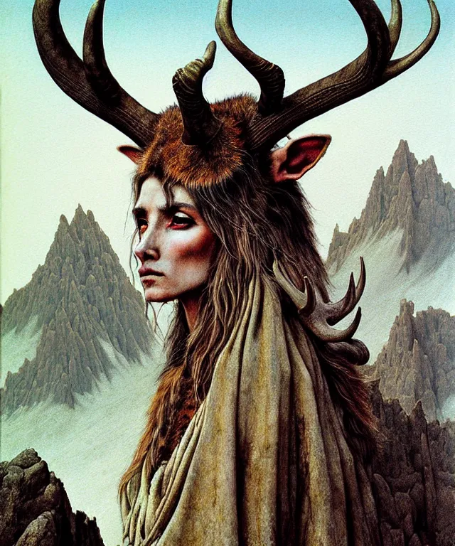 Image similar to A detailed horned antelopewoman stands among the mountains. Wearing a ripped mantle, robe, many rings. Extremely high details, realistic, fantasy art, solo, masterpiece, art by Zdzisław Beksiński, Arthur Rackham, Dariusz Zawadzki