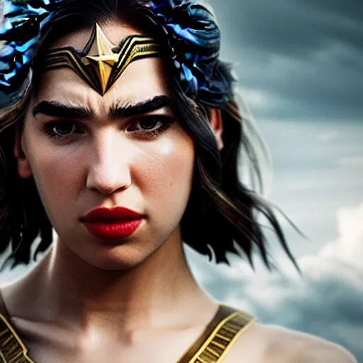 Image similar to a potrait of Dua lipa as wonder woman by Zack Snyder, Christopher Nolan, 8k photorealistic, cinematic lighting, HD, high details, dramatic, trending on artstation, view from below, dark atmosphere,