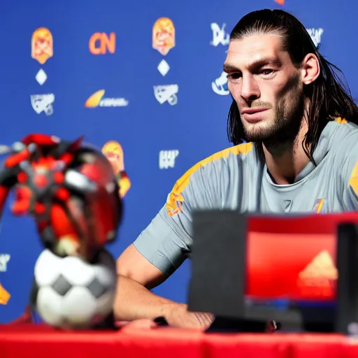 Prompt: soccer player andy carroll unveils his new esports team at a press conference, halo, hcs