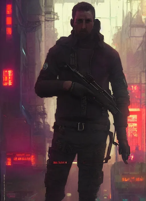 Prompt: Bob Parr. Cyberpunk assassin in tactical gear. blade runner 2049 concept painting. Epic painting by Craig Mullins and Alphonso Mucha. ArtstationHQ. painting with Vivid color. (rb6s, Cyberpunk 2077, matrix)