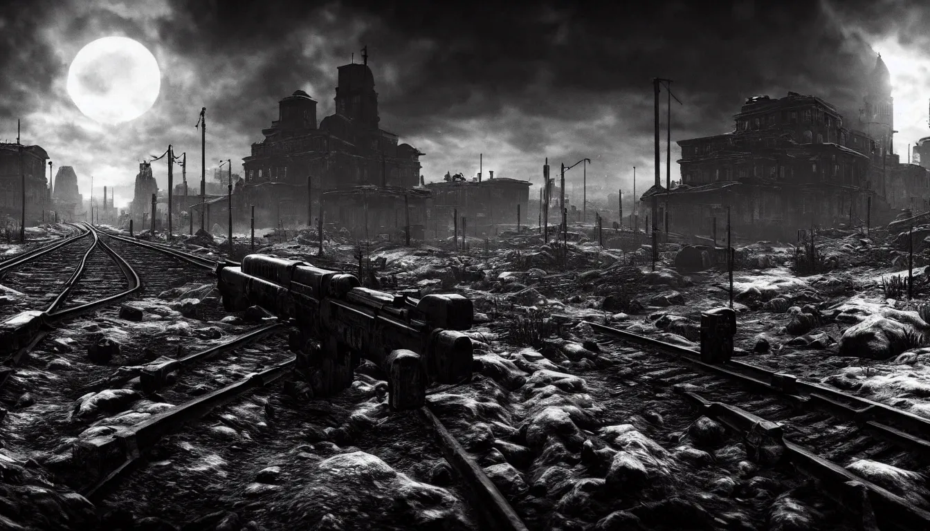 Image similar to metro exodus style, city in the horizon, dark, atmospheric, scary, claustrophobic, ambient vibe, very detailed, black and white, 4 k