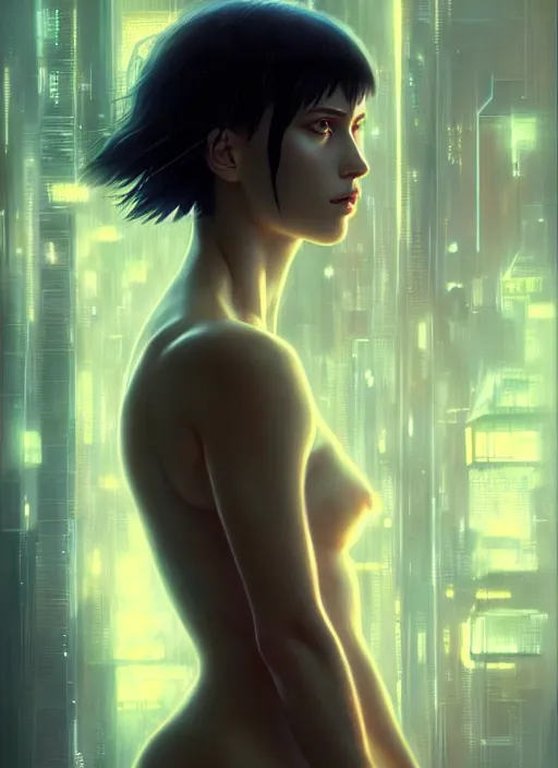 Image similar to portrait of ghost in the shell alicia vikander, intricate, elegant, glowing lights, highly detailed, digital painting, artstation, glamor pose, concept art, smooth, sharp focus, illustration, art by wlop and greg rutkowski