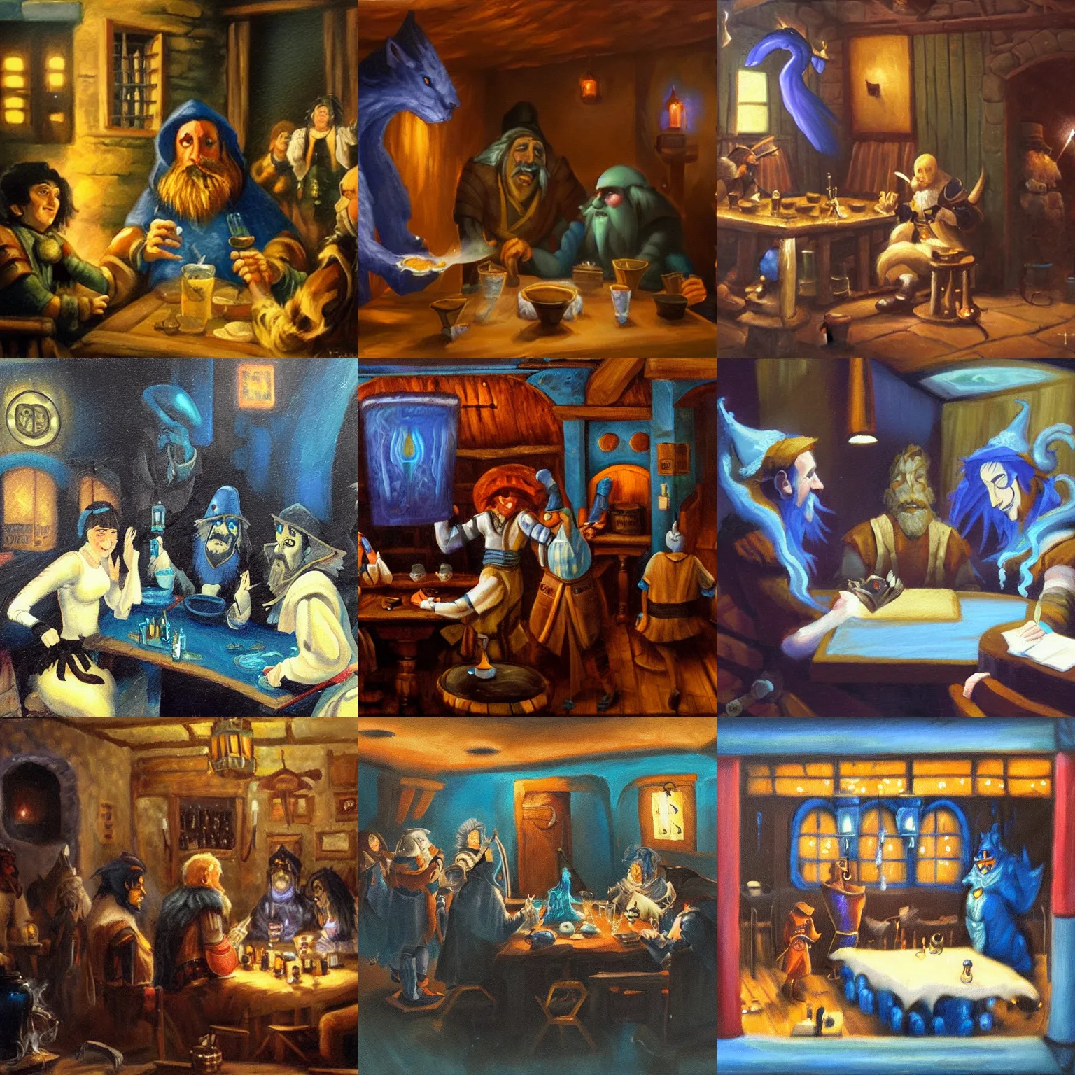 Prompt: blue will - o'- the - wisp in an d & d tavern, oil painting