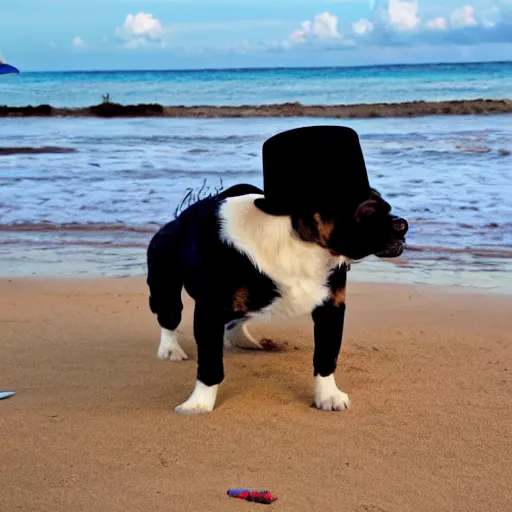 Prompt: Dog with hat on the beach having a picknick