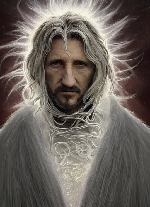 Prompt: Portrait of Sean Penn, white glowing eyes, silver shaggy hair, cloak, ethereal wings, male, fantasy, extremely detailed, digital painting, artstation, concept art, smooth, sharp focus, illustration, stunning lighting, art by artgerm and alphonse mucha and simon stalenhag, realistic character concept, high fantasy, light atmosphere, golden ratio, cinematic lighting, hyperdetailed, high resolution, insanely detailed and intricate, Marc Simonetti, Greg Rutkowski, 8k