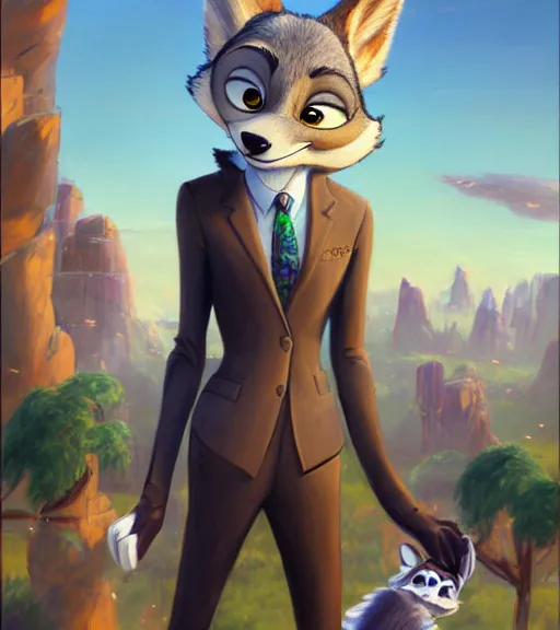 Image similar to oil painting of detailed full body of anthromorphic female wolf, in style of zootopia, zootopia, zootopia, fursona, furry, furaffinity, 4 k, deviantart, furry art, fursona art, wearing black business suit, business suit, in style of zootopia, wolf fursona, cyberpunk, female, expressive detailed feminine face,