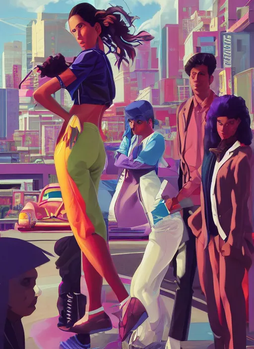 Image similar to latino - futurist latinos, zoot suits and lowriders, fashionable, driving the metaverse | hyperrealistic oil painting | by makoto shinkai, ilya kuvshinov, lois van baarle, rossdraws | afrofuturism, in the style of boondocks, trending on artstation | dark color scheme