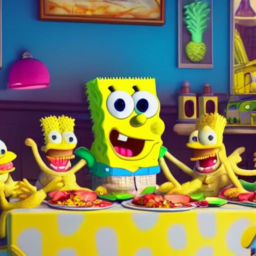 Image similar to hyperrealistic!! spongebob!! eating at the krusty krab, stunning 3 d render inspired by stephen hillenburg, perfect symmetry, dim volumetric cinematic lighting, 8 k octane comprehensive render, extremely hyper - detailed attributes & atmosphere, intricately proportional, realistic flesh texture, masterpiece, artstation, stunning,