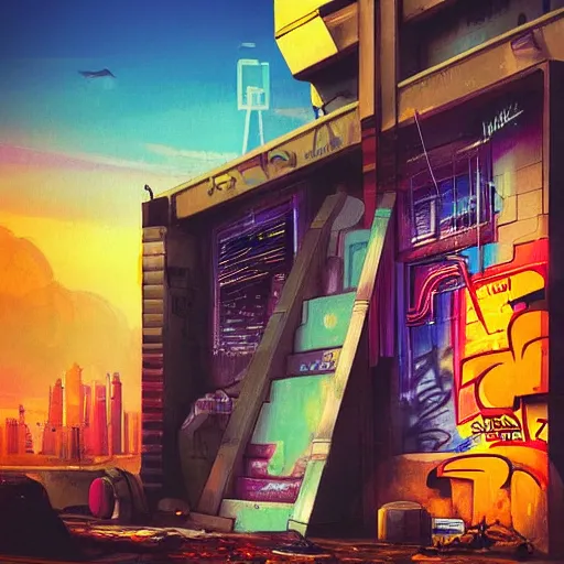 Image similar to beautiful graffiti on a wall, cyberpunk, happy mood, futuristic, high detail, sunset, realistic