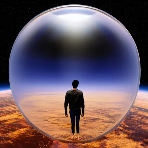Image similar to a young man alone in an enormous transparent spherical capsule in the middle of outer space, digital art
