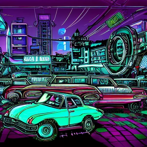 Prompt: car in cyperpunk city, wide - angle, neon, digital art