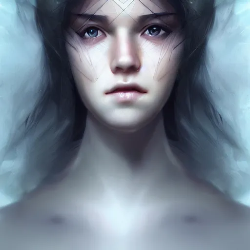 Image similar to human portrait, ethereal, face, crystal, intrincate, cgsociety, devianart