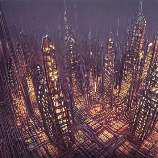 Prompt: photo of a futuristic city made of electronic components by hr giger and zdzislaw beksinski. Very detailed 8k