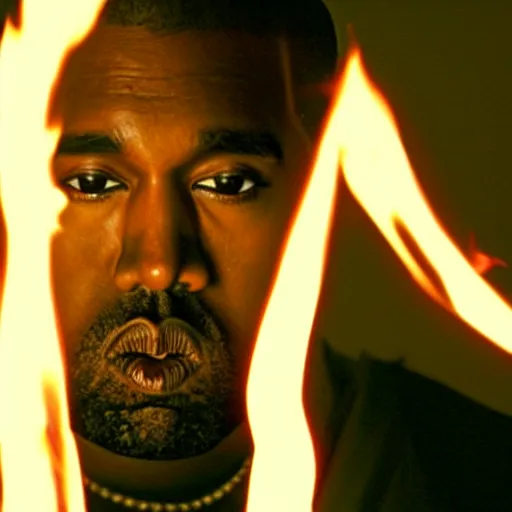 Image similar to cinematic film still of Kanye West starring as a Japanese Sensei with fire, Japanese CGI, VFX, 2003, 40mm lens, shallow depth of field, film photography