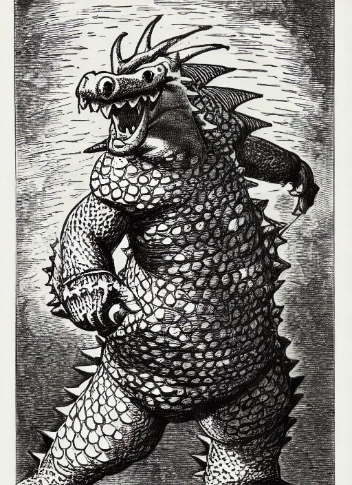 Image similar to illustration of bowser the king koopa as a demon from the dictionarre infernal, etching by louis le breton, 1 8 6 9, 1 2 0 0 dpi scan, ultrasharp detail, clean scan