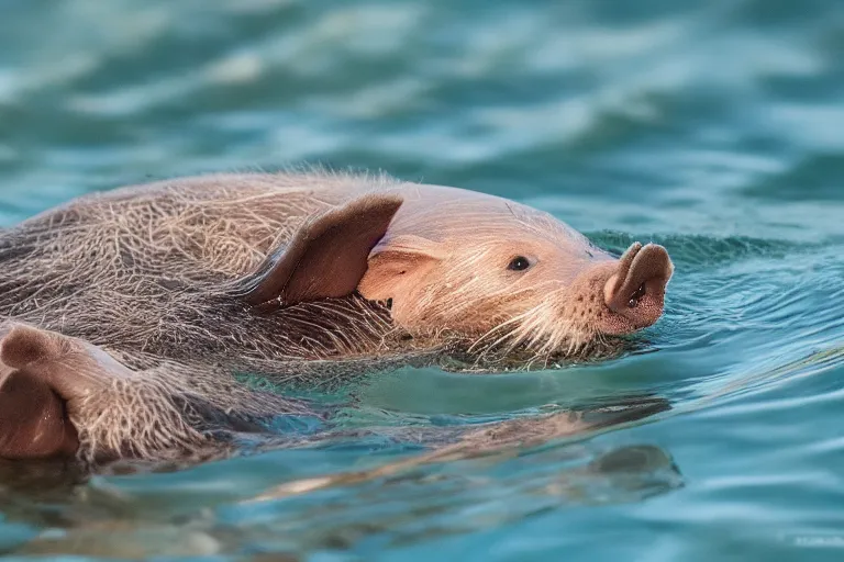 Image similar to a pig sea otter!!! hybrid! hyper realistic!! realistic lighting!! wildlife photographer of the year!!! bold natural colors, national geographic, hd, wide angle, 8 k