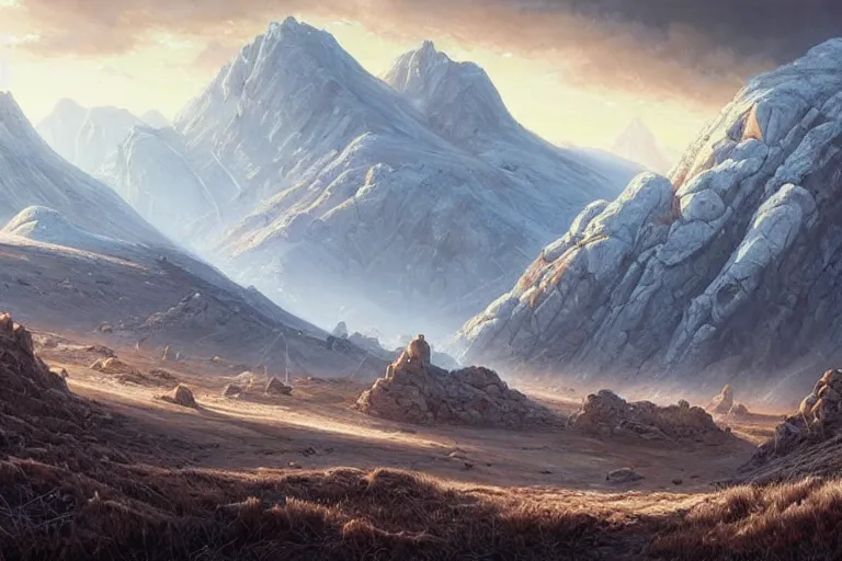 Prompt: landscape painting of destroyed meadows with destroyed mountainrange in background, dystopian wasteland, destroyed nature, apocalypse, winter, fine details, magali villeneuve, artgerm, rutkowski