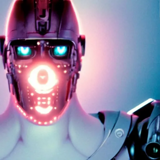 Image similar to movie still of a villain cyborg, facial expression, cinematic composition, cinematic light, surreal cinema, pastel color scheme, by edgar wright and david lynch,