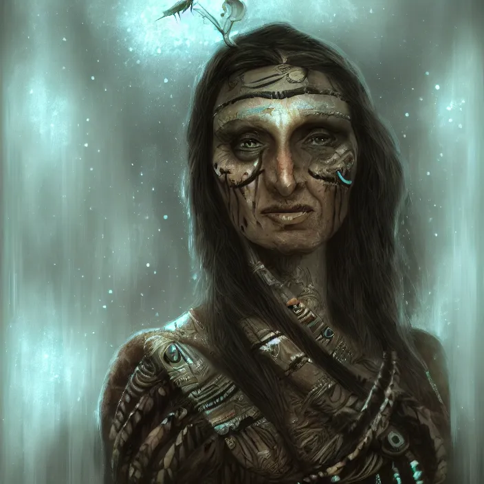 Prompt: tribal matriarch, cruelty, dark light, ambient, bokeh, hd, concept art, digital painting