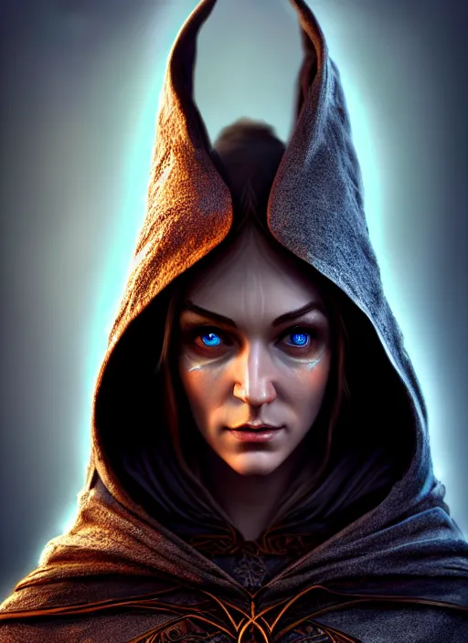 Image similar to a hooded elven mage with a surprised expression, intricate, highly detailed, digital painting, artstation, concept art, smooth, sharp focus, illustration, unreal engine 5, 8 k, art by giorgio baroni