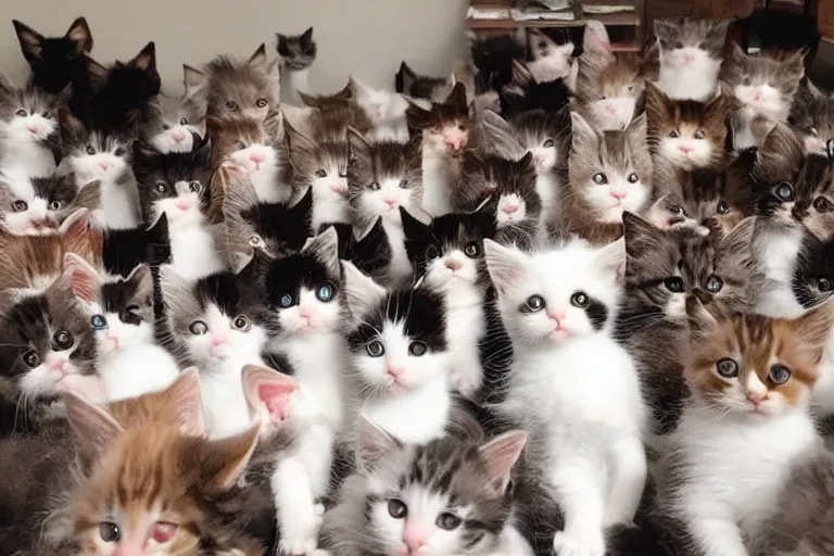 Image similar to a living room full of cute kittens that are all sitting and all of the kittens are facing directly at the camera and all of the cats are looking directly into the camera