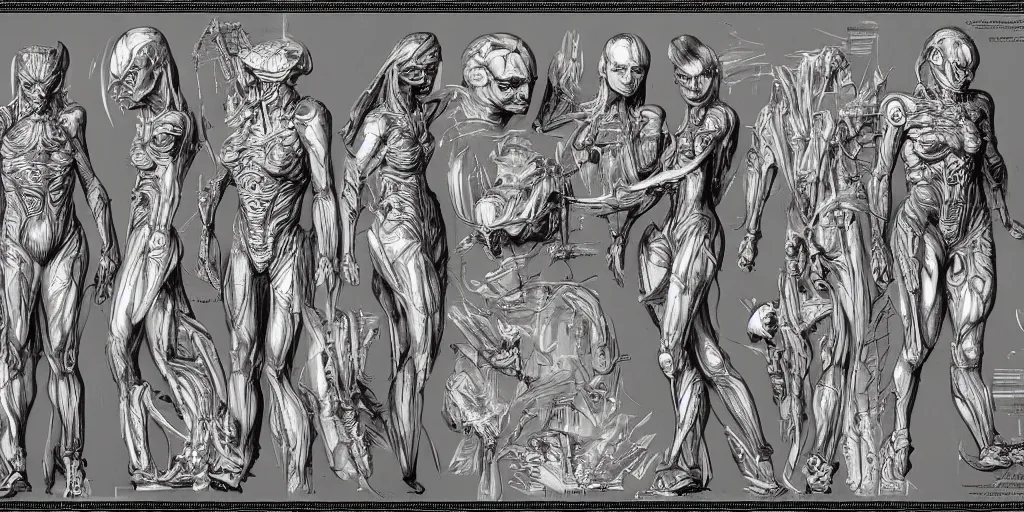 Image similar to highly detailed character sheet, expressive facial features, technical drawing, frontal and side views, human head, game protagonist designs, side - scrolling 2 d platformer, art by h. r. giger, kim jung gi and burne hogarth