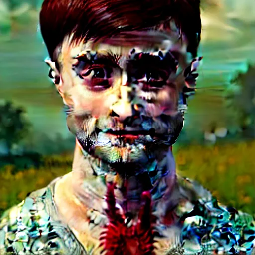 Image similar to hybrid of daniel radcliffe and a!! radish!!, film still,!! red skin!!,!! leaf ears!!, professional makeup, unreal engine 5, render, seeds, 8 k, trending on artstation