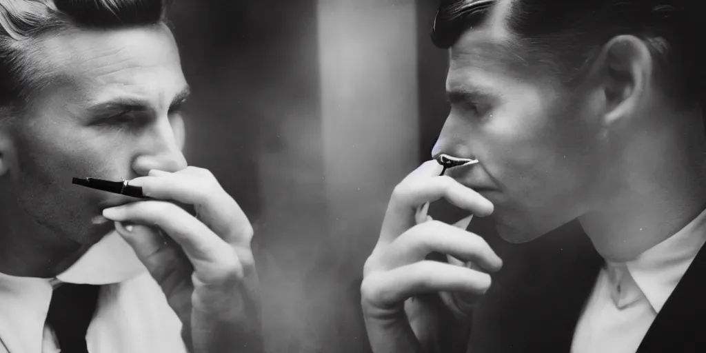 Image similar to a bitter handsome 1 9 5 0 s detective smokes a cigarette as be questions a beautiful glamorous client. office. smoke. film noir. b & w. black and white. 1 0 0 mm lens. depth of field.