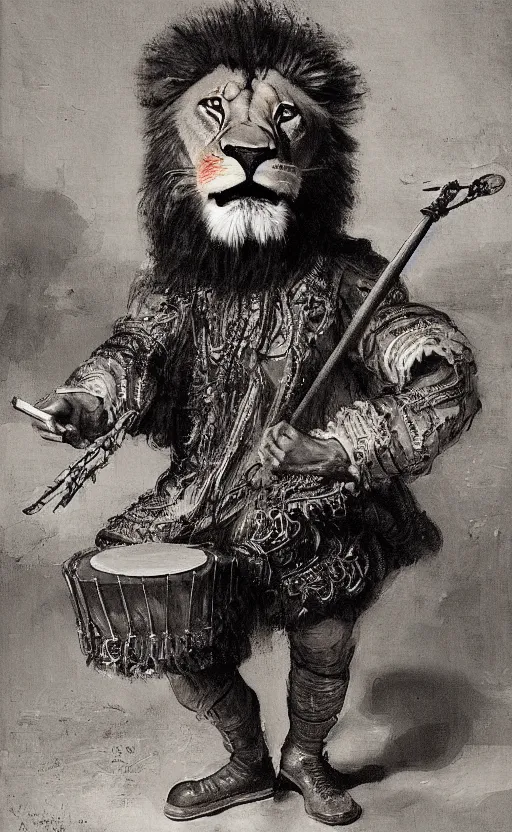 Prompt: a painting of a lion in a superstar outfit playing the drums with great energy, by rembrandt, featured on artstation