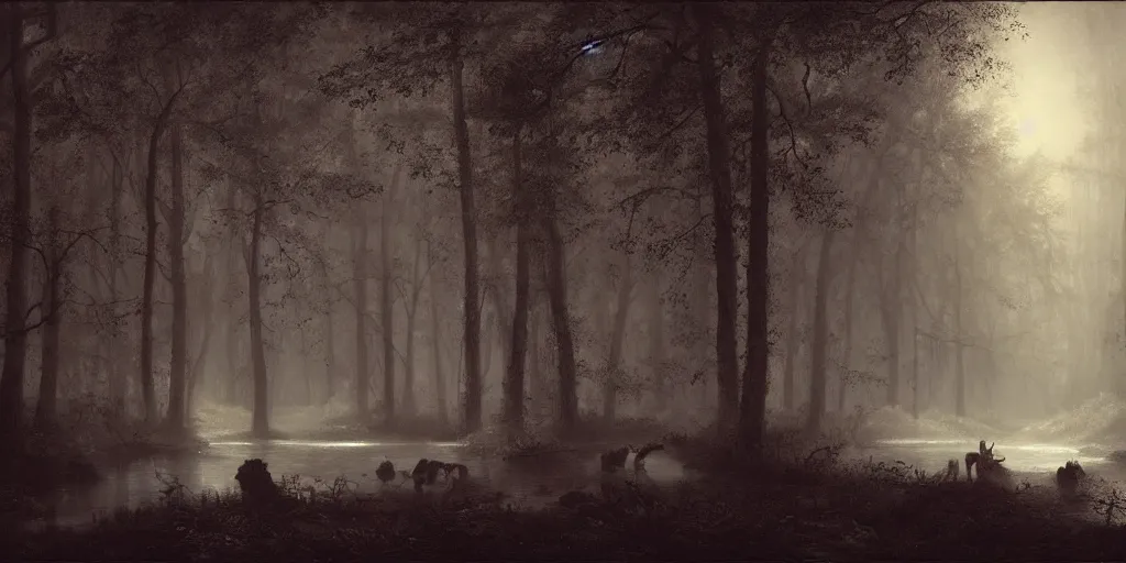 Prompt: [ a dark scene of a dense forest at night with a gentle stream through it, moonlight through trees, volumetric light and mist, fog, deer drinking from the stream ], andreas achenbach, artgerm, mikko lagerstedt, zack snyder, tokujin yoshioka