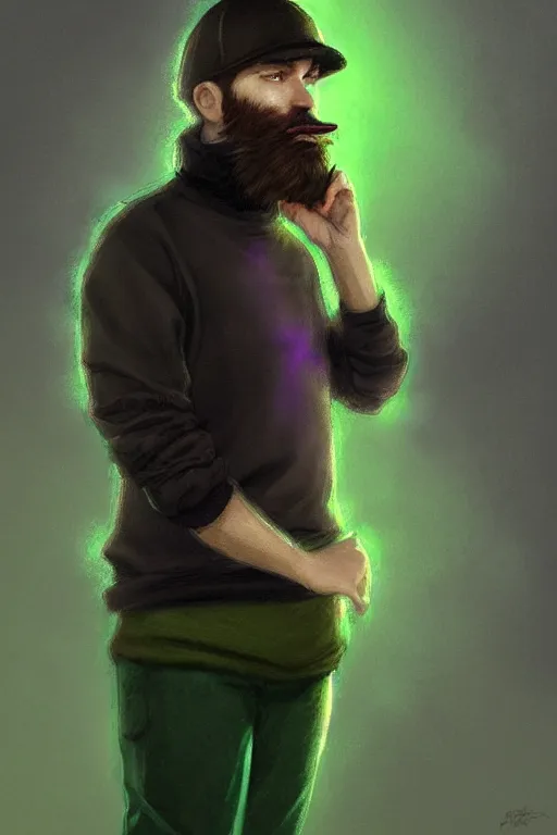 Prompt: a young man with a chin - style brown beard in black cap, light green turtleneck, purple pants and in a white sneakers, decorated, high fantasy, sharp focus, intricate, elegant, digital painting, artstation, matte, highly detailed, beautiful, concept art, illustration, ambient lighting, art by bastien deharme