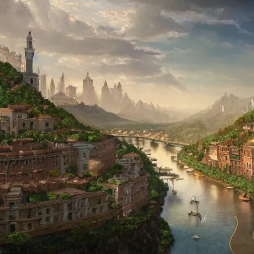 Prompt: an ultra detailed matte painting of the one impossibly tall italian sausage in the palace district on an island in a river elevated high above a fantasy town, fantasy, ultrawide lense, aerial photography, volumetric lighting, exquisite detail, octane render, 8 k postprocessing, art by brandon sanderson and robert jordan and artgerm and greg rutkowski and alphonse mucha