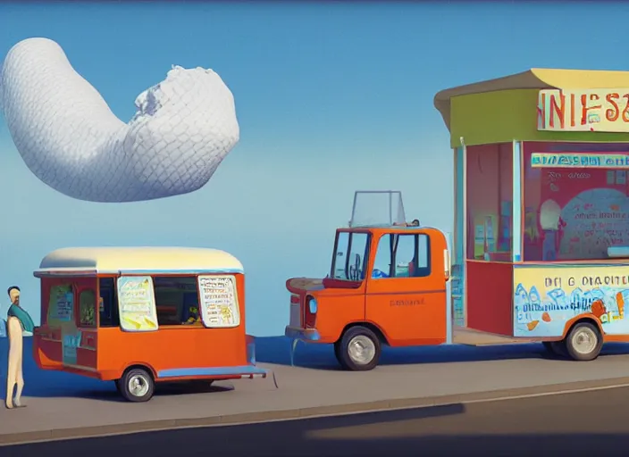 Prompt: an ice cream van that sells snake oil, suburban medicine, painting by René Magritte, Grant Wood, 3D rendering by Beeple