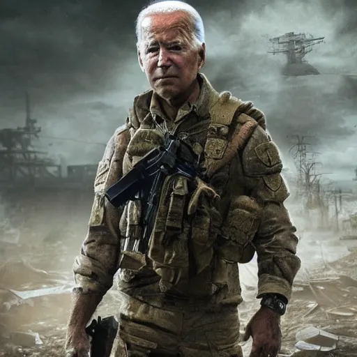 Image similar to Joe Biden dressed as a soldier from Escape From Tarkov, post apocalyptic city, award winning landscape photograph