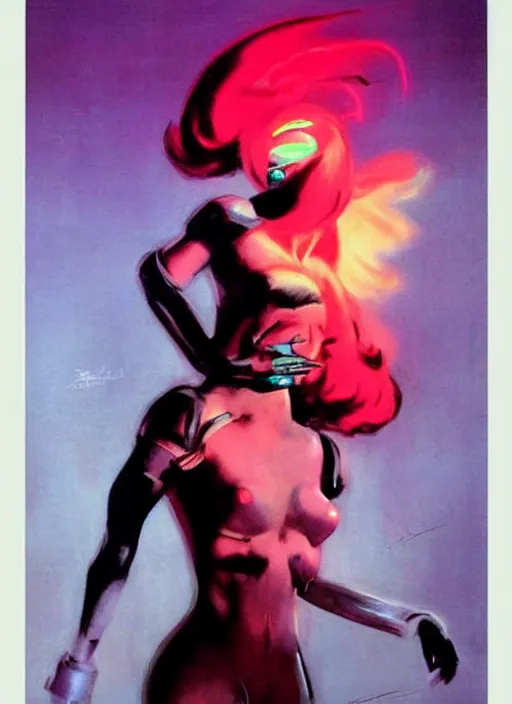 Image similar to female evil android, neon hair, glowing skin, strong line, saturated color, beautiful! coherent! by frank frazetta, high contrast, minimalism