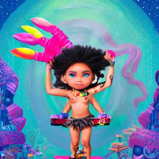 Prompt: Extremely cute and adorable vibrant maximalist 8k HD key visual of a futuristic junglepunk Moana-chan on a skateboard, official media, with a flashy modern background with black stripes, lowbrow painting by Mark Ryden. The art style is quite chibi, with large heads and big wide eyes. photorealistic 3D render