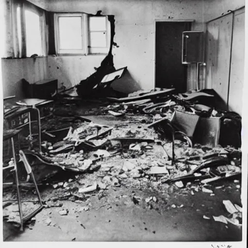 Image similar to The digital art shows a scene of total destruction. A room has been completely wrecked, with furniture overturned, belongings strewn about, and debris everywhere. The only thing left intact is a single photograph on the wall. This photograph is the only evidence of what the room once looked like. It shows a tidy, well-appointed space, with everything in its place. The contrast between the two images is stark, and it is clear that the destruction was complete and absolute. 2010s by Robert Irwin rigorous