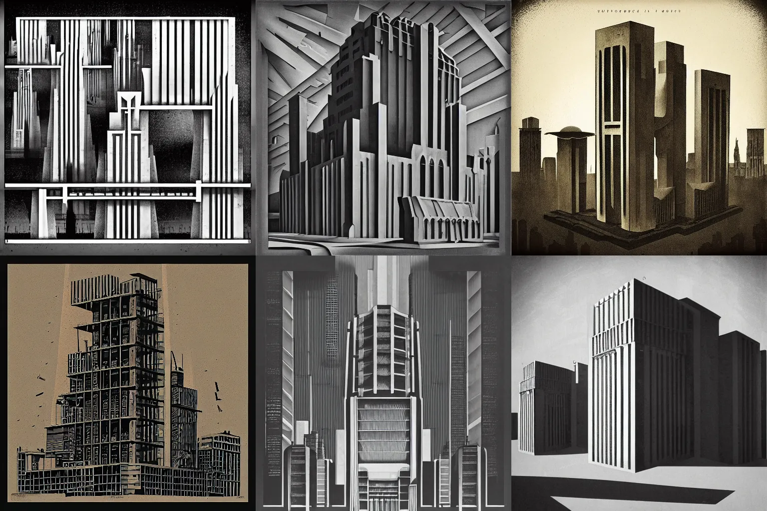 Prompt: music album cover, brutal architecture concrete constructions, metropolis, 1930s, light and shadows, in the style of Hugh Ferriss, Behance, retro futurism, Dribbble, H 640