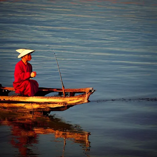 Image similar to “ an old chinese fisher on a small boat fishing with cormorant during sunset, he wears a red chinese hat ”