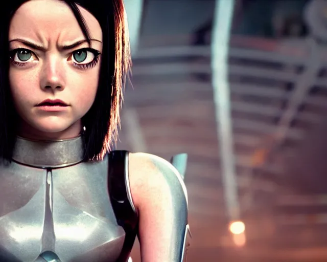 Image similar to a film still from battle angel alita played by actress emma stone, portrait, cinematic lighting, photorealistic, hyperrealistic, highly detailed, photorealistic, high resolution, 4 k