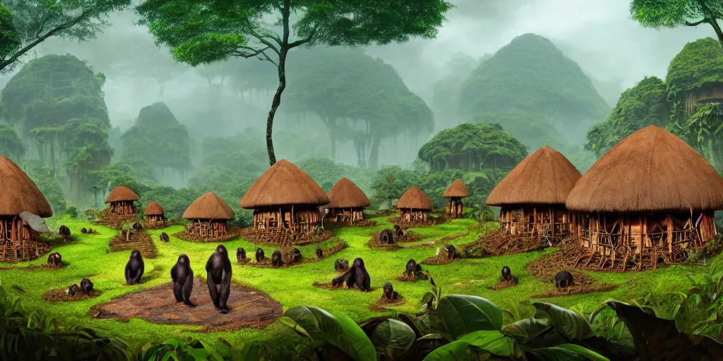 Prompt: a jungle village of alino gorillas and their mushroom huts, matte oil painting, retrofuturistic, science fantasy, salt, rust, mutant, lgbt, queer, rpg, epic, dungeons & dragons, sacred, sharp focus, award - winning, extremely detailed, 4 k, 8 k