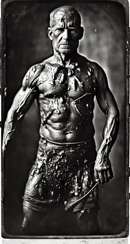 Image similar to a wet plate photograph, a portrait of a muscular blacksmith