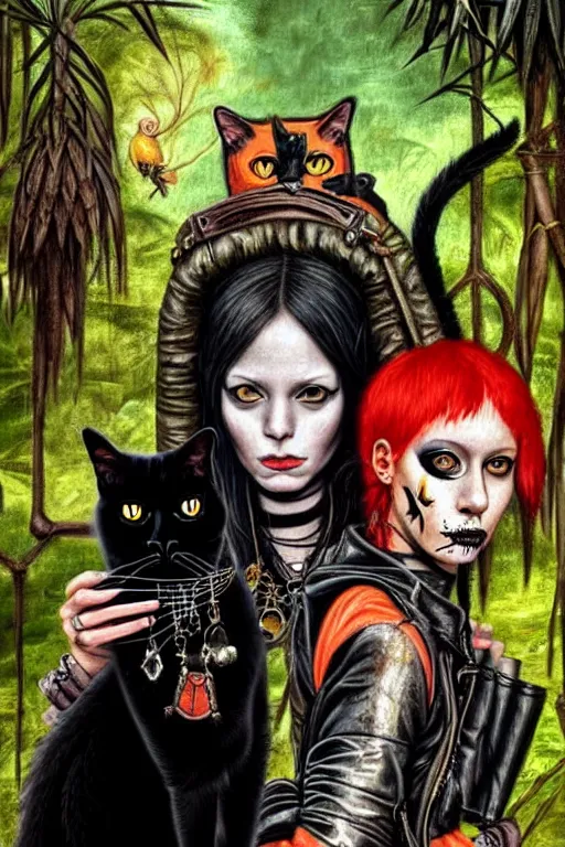 Image similar to punk rock girls making selfie with black cats in jungle , 1980 style, mad max jacket, post apocalyptic, renaissance, Gothic, highly detailed, digital painting, 4k, oil painting by Leonardo Da Vinci, hyper realistic style, fantasy by Olga Fedorova