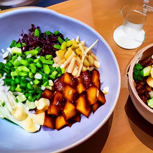 Prompt: poutine poke bowl, quebec speciality dish, restaurant menu photo, 4 k, super realistic food picture