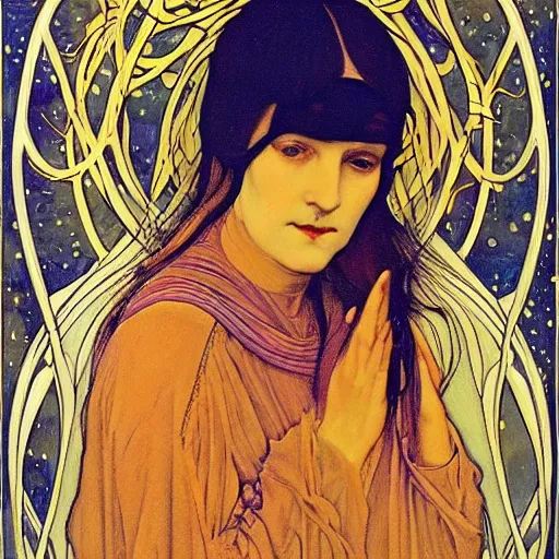 Prompt: Liminal space in outer space, Art Nouveau portrait, by Art Nouveau artist Edward Okuń