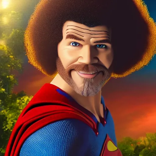 Prompt: bob ross as superman, cinematic lighting. 4 k.